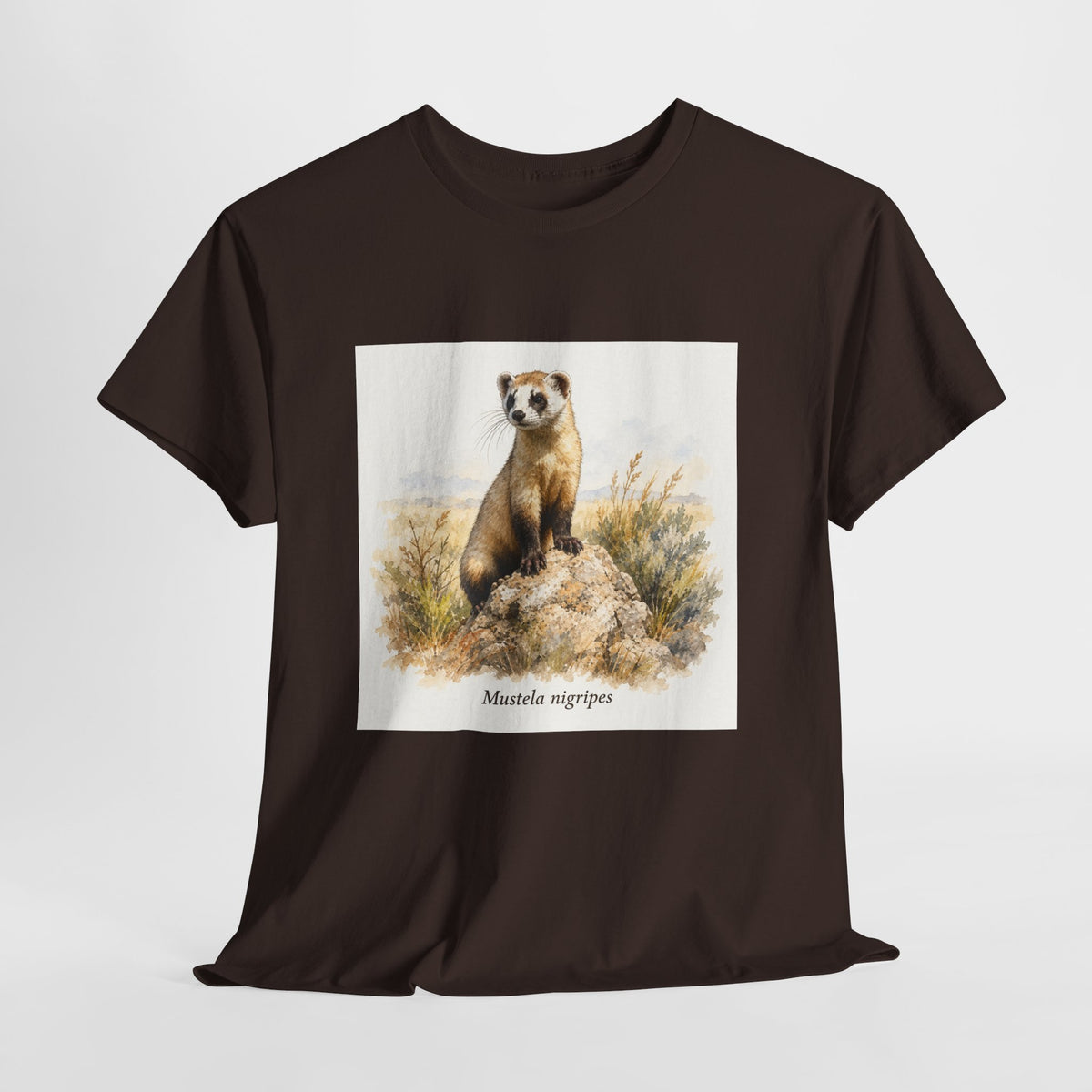Black-footed ferret t-shirt with a ferret illustration among windswept grasses