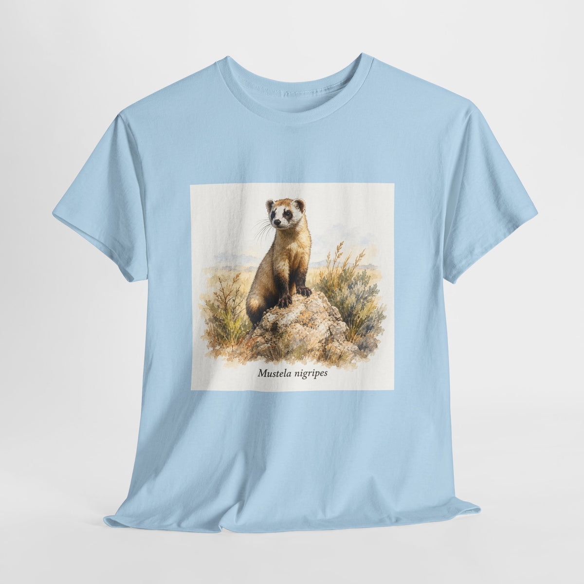 Black-footed ferret t-shirt with a ferret illustration among windswept grasses