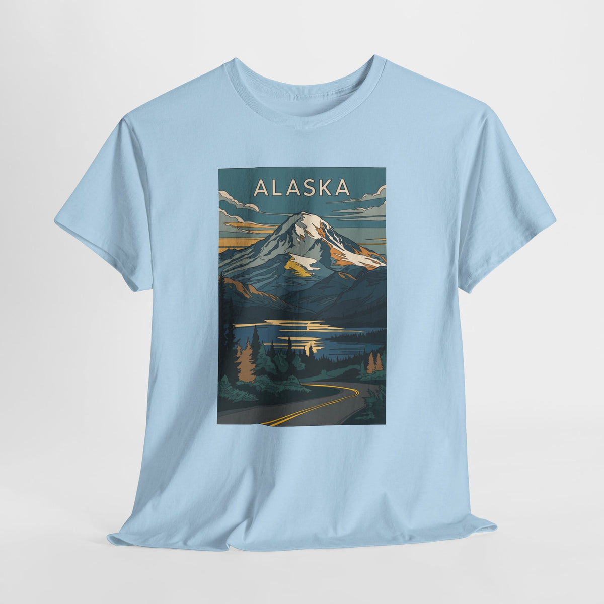 Alaska vintage mountain poster t-shirt with peaks, a lake and evergreen trees