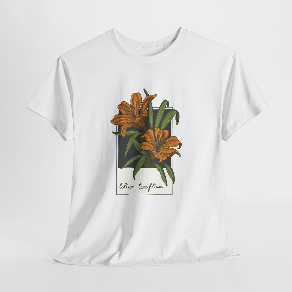 Tiger lily t-shirt with framed orange lilies and Lilium lancifolium script