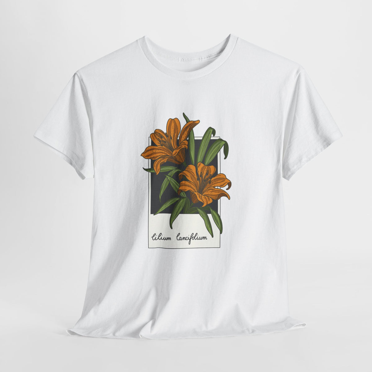 Tiger lily t-shirt with framed orange lilies and Lilium lancifolium script