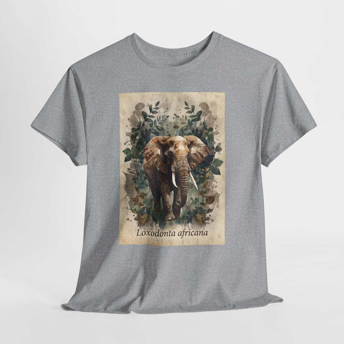 African elephant t-shirt with a watercolor elephant labelled Loxodonta africana