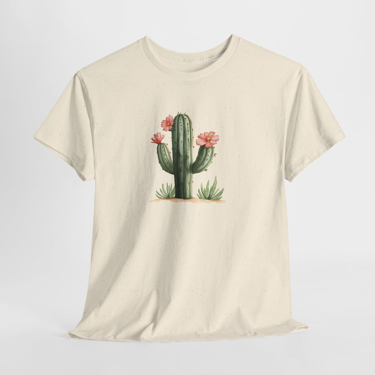 Watercolor cactus t-shirt with a flowering cactus in soft earthy colors