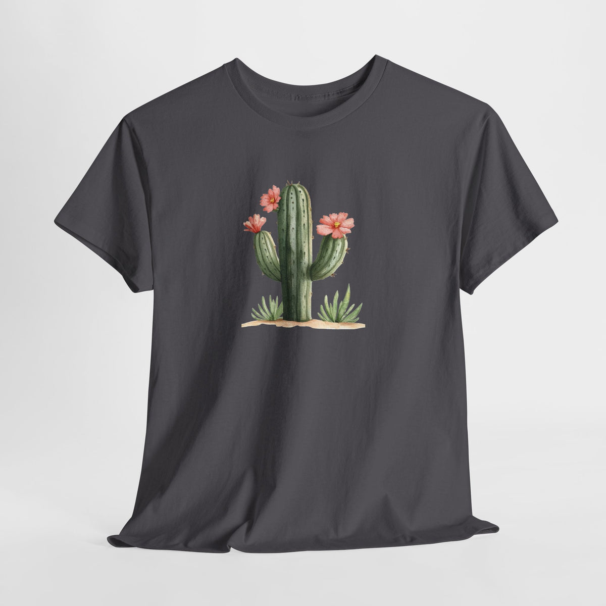 Watercolor cactus t-shirt with a flowering cactus in soft earthy colors