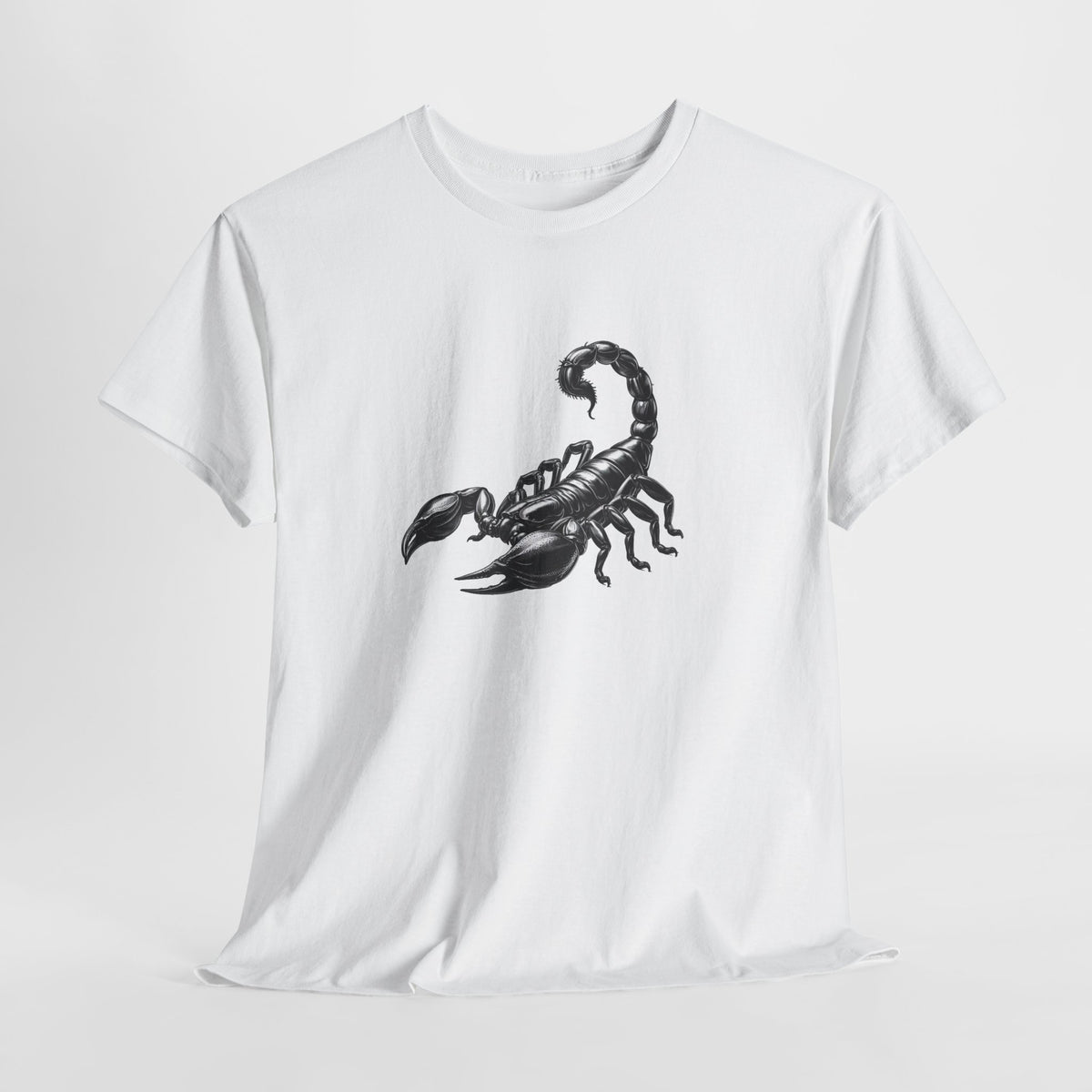 Scorpion t-shirt with a hand-inked black and white scorpion graphic
