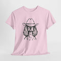 Cocker spaniel t-shirt with an ink drawing of a spaniel wearing a cowboy hat