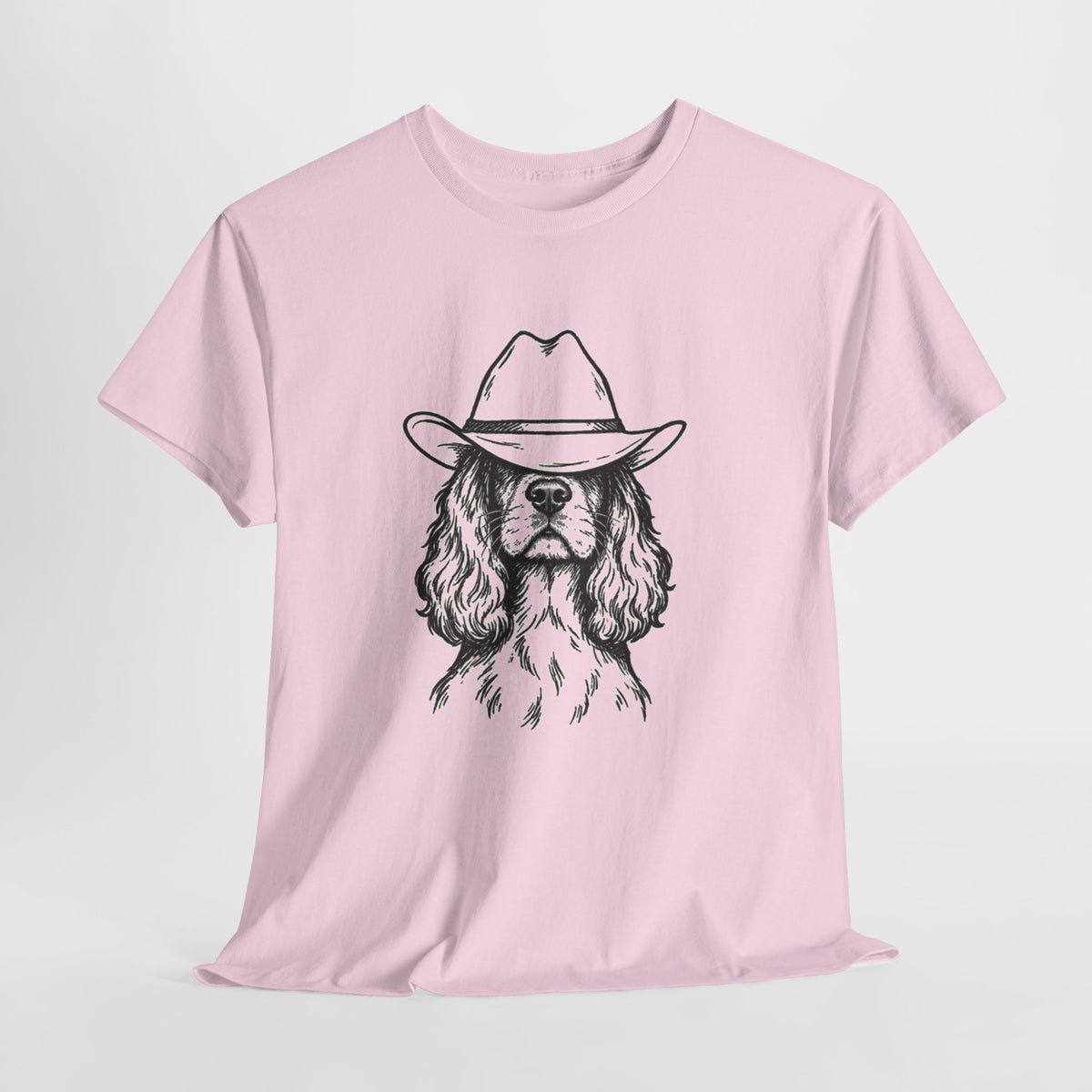 Cocker spaniel t-shirt with an ink drawing of a spaniel wearing a cowboy hat