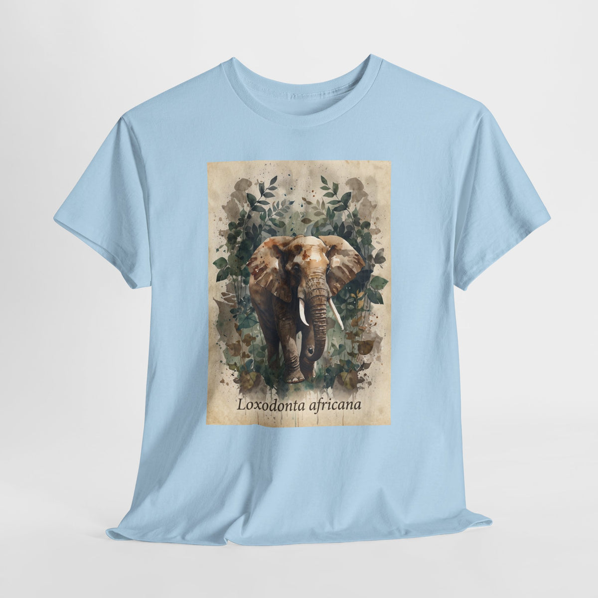 African elephant t-shirt with a watercolor elephant labelled Loxodonta africana