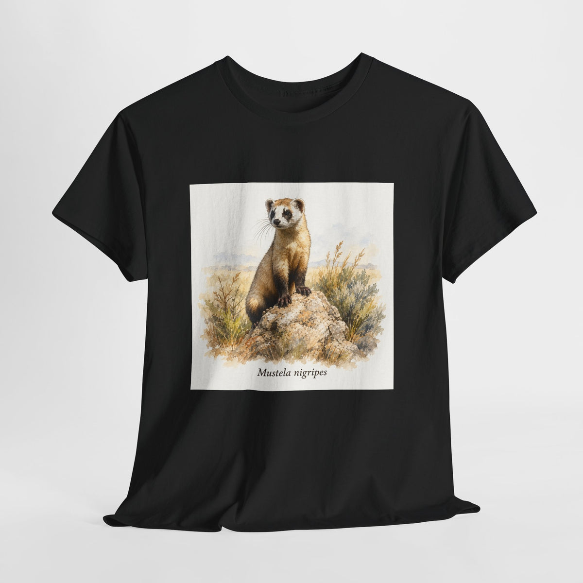 Black-footed ferret t-shirt with a ferret illustration among windswept grasses