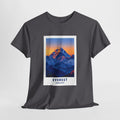 Mount Everest t-shirt with the Himalayan peak glowing gold above blue ridgelines
