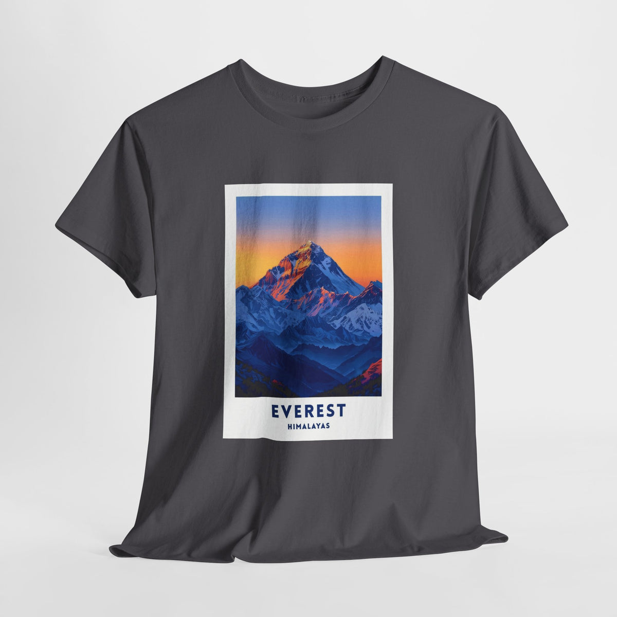 Mount Everest t-shirt with the Himalayan peak glowing gold above blue ridgelines
