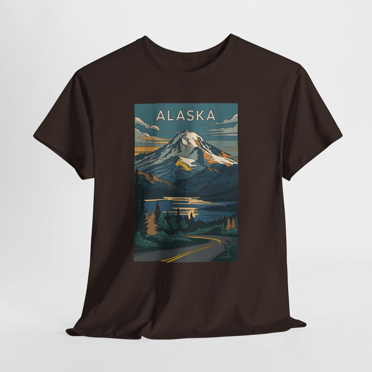 Alaska vintage mountain poster t-shirt with peaks, a lake and evergreen trees