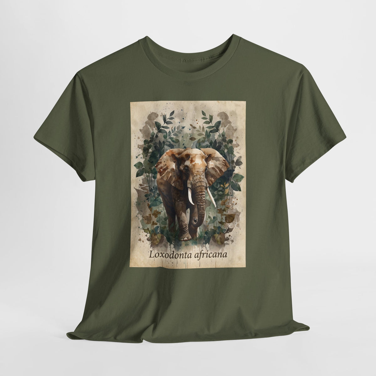 African elephant t-shirt with a watercolor elephant labelled Loxodonta africana