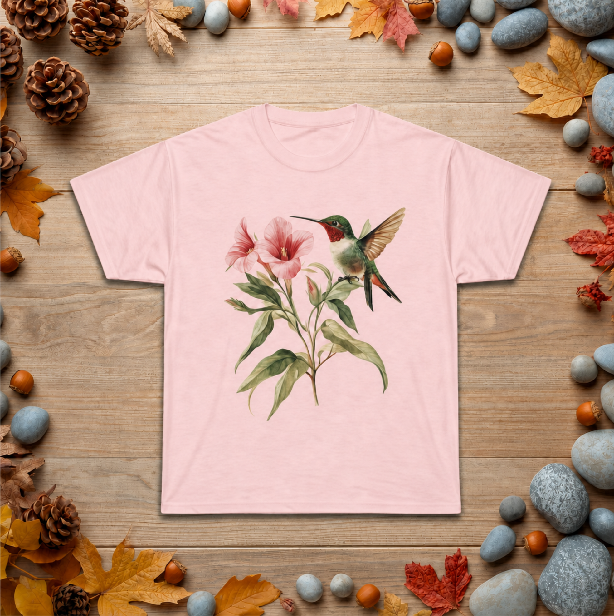 Hummingbird & Pink Blossoms Tee — Botanical Nature T-Shirt